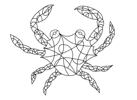 Black and White Crab Stained Glass Mosaic Tiles. Coloring Book Adult. Coloring Page for Kids. Isolated Sea Animal Cartoon Print in Outline.