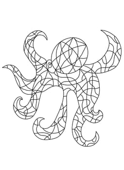 Black and White Octopus in Stained Glass Window Style. Outline Octopus Illustration with Mosaic Tiles. Hand Drawn Sea Life Coloring Book Pages.