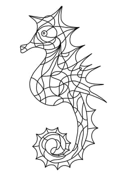 Sea Horse Isolated Logo. Hand Drawn Black and White Seahorse Illustration. Sea Horse in Stained Glass Window Style. Coloring Book Pages for Adult.