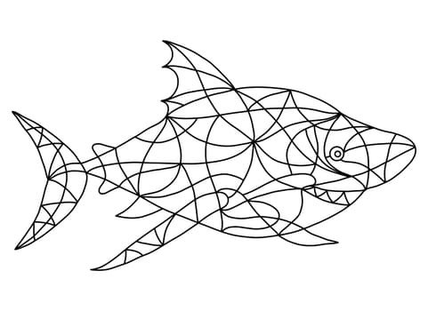 Black and White Shark in Stained Glass Window Style. Mosaic Tiles Shark Isolated on White Background. Coloring Book Pages for Adult.