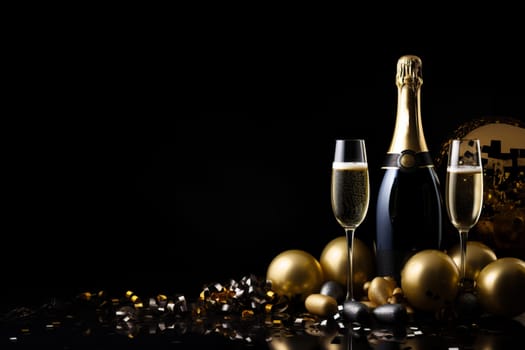 Premium Christmas Party Theme with Champagne Bottle, Wine Glasses, Golden Confetti, and Decorative Balls on a Stylish Dark Background. Lavish Flat Lay Arrangement with copy space.