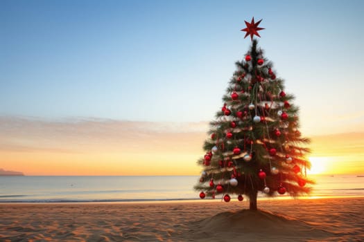 Celebrating christmas and new year in hot countries. Christmas tree with lights on the beach at sunset. AI Generated