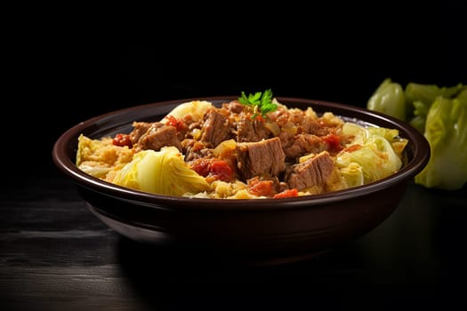 Cassoeula, traditional Lombardy dish with a stew made with pork meat and cabbage, often served with polenta. Italian seasonal comfort dish.