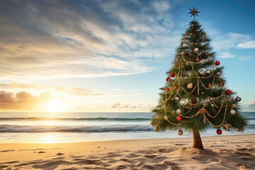 Celebrating christmas and new year in hot countries. Christmas tree with lights on the beach at sunset. AI Generated