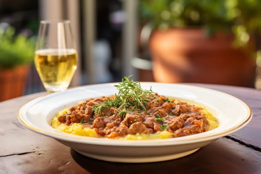 Cassoeula, traditional Lombardy dish with a stew made with pork meat and cabbage, often served with polenta. Italian seasonal comfort dish.