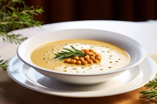 Chickpea soup, traditional Italian winter dish, in Umbria. A warm and nourishing soup made with chickpeas and flavors such as rosemary and garlic. on a white plate in a elegant restaurant decorated for Christmas time. Healthy vegetarian food