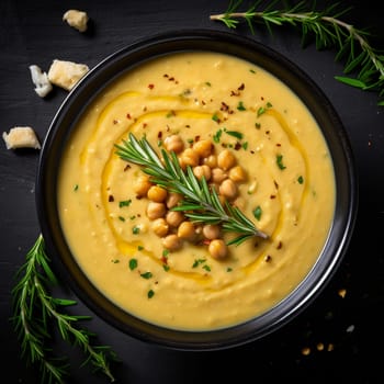 Top view of Chickpea soup, traditional Italian winter dish, in Umbria. A warm and nourishing soup made with chickpeas and flavors such as rosemary and garlic. on a white plate in a elegant restaurant decorated for Christmas time. Healthy vegetarian food.