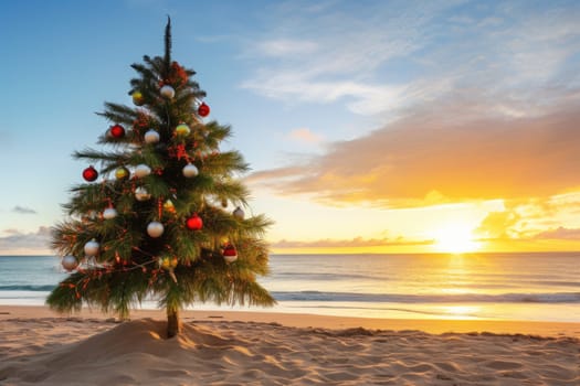 Celebrating christmas and new year in hot countries. Christmas tree with lights on the beach at sunset. AI Generated