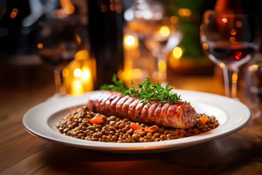 Cotechino with lentils raditional a Emilia-Romagna dish, with sausage served with lentils, symbolizing luck and prosperity for the new year.