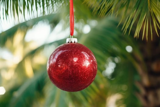 Celebrating christmas and new year in hot countries. Christmas Ball hanging on a Palm Tree Branch. Travel Background. AI Generated