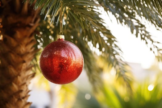 Celebrating christmas and new year in hot countries. Christmas Ball hanging on a Palm Tree Branch. Travel Background. AI Generated