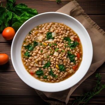 Farro soup a Lazio traditional dish. A hearty and thick soup made with spelt, vegetables. Hearty comfort meal. Italian winter warmer