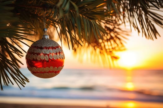 Celebrating christmas and new year in hot countries. Christmas Ball hanging on a Palm Tree Branch. Travel Background. AI Generated