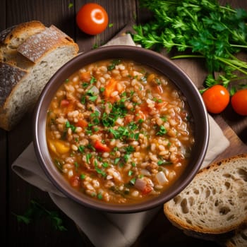 Farro soup a Lazio traditional dish. A hearty and thick soup made with spelt, vegetables. Hearty comfort meal. Italian winter warmer