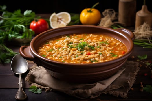 Farro soup a Lazio traditional dish. A hearty and thick soup made with spelt, vegetables. Hearty comfort meal. Italian winter warmer