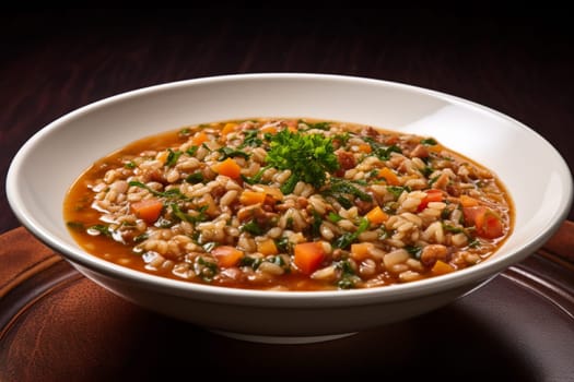 Farro soup a Lazio traditional dish. A hearty and thick soup made with spelt, vegetables. Hearty comfort meal. Italian winter warmer