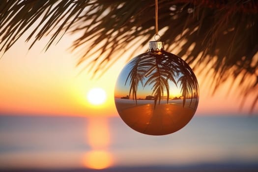 Celebrating christmas and new year in hot countries. Christmas Ball hanging on a Palm Tree Branch. Travel Background. AI Generated