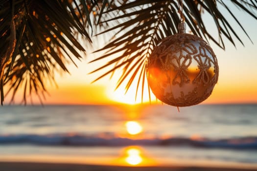 Celebrating christmas and new year in hot countries. Christmas Ball hanging on a Palm Tree Branch. Travel Background. AI Generated