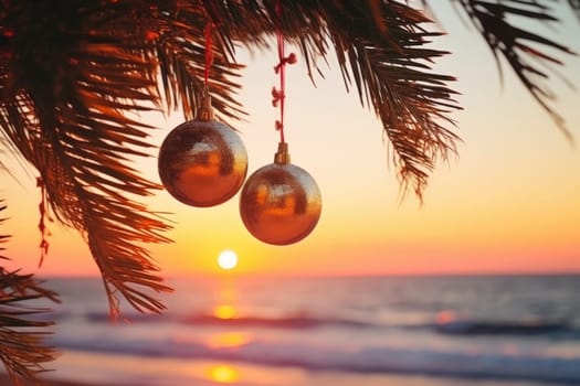 Celebrating christmas and new year in hot countries. Christmas Ball hanging on a Palm Tree Branch. Travel Background. AI Generated