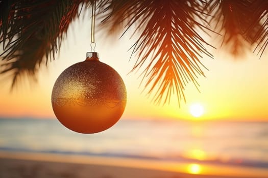 Celebrating christmas and new year in hot countries. Christmas Ball hanging on a Palm Tree Branch. Travel Background. AI Generated