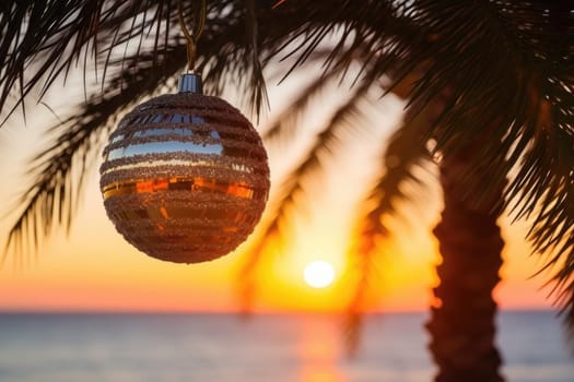 Celebrating christmas and new year in hot countries. Christmas Ball hanging on a Palm Tree Branch. Travel Background. AI Generated