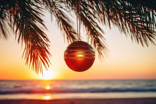 Celebrating christmas and new year in hot countries. Christmas Ball hanging on a Palm Tree Branch. Travel Background. AI Generated