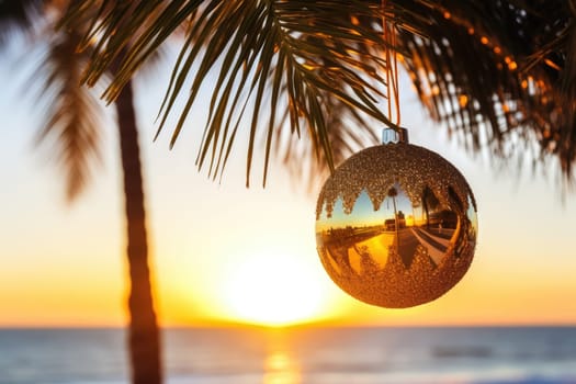 Celebrating christmas and new year in hot countries. Christmas Ball hanging on a Palm Tree Branch. Travel Background. AI Generated