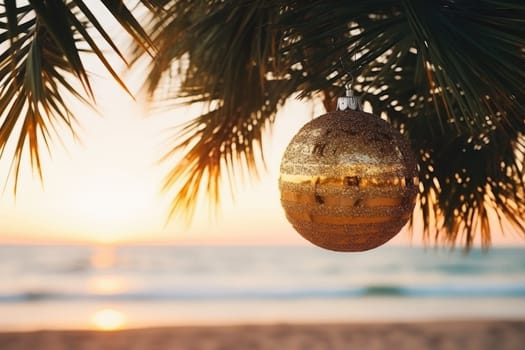 Celebrating christmas and new year in hot countries. Christmas Ball hanging on a Palm Tree Branch. Travel Background. AI Generated