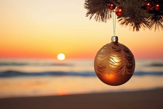 Celebrating christmas and new year in hot countries. Christmas Ball hanging on a Palm Tree Branch. Travel Background. AI Generated
