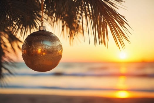 Celebrating christmas and new year in hot countries. Christmas Ball hanging on a Palm Tree Branch. Travel Background. AI Generated