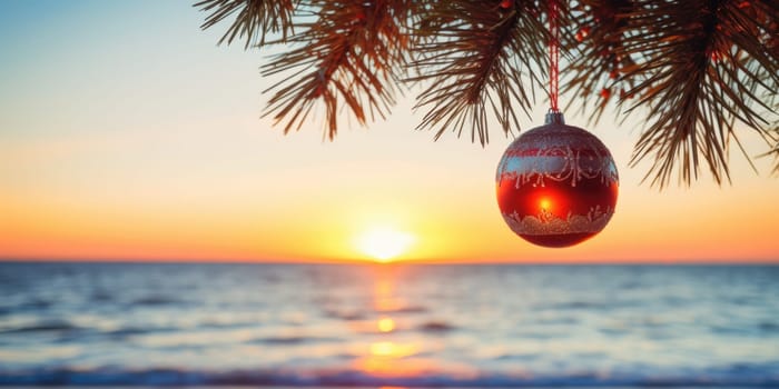 Celebrating christmas and new year in hot countries. Christmas Ball hanging on a Palm Tree Branch. Travel Background. AI Generated