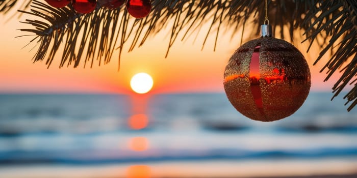 Celebrating christmas and new year in hot countries. Christmas Ball hanging on a Palm Tree Branch. Travel Background. AI Generated