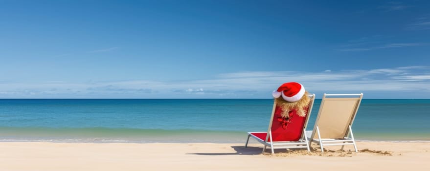 Christmas holidays on tropical destinations. Sun lounger with santa hat on beautiful beach. Banner. AI Generated