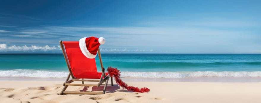 Christmas holidays on tropical destinations. Sun lounger with santa hat on beautiful beach. Banner. AI Generated