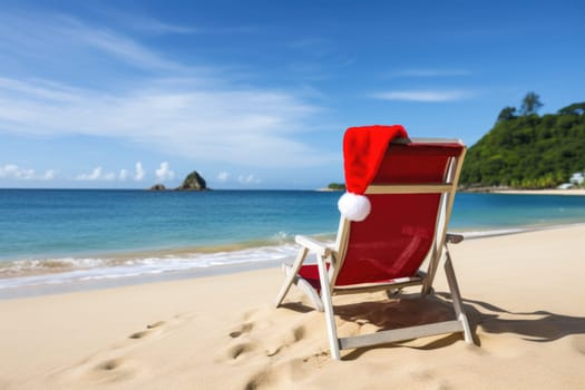 Christmas holidays on tropical destinations. Sun lounger with santa hat on beautiful beach. AI Generated