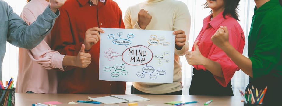 A cropped image of successful businesspeople presents new product marketing strategy using a mind map. Young creative business team brainstorm marketing idea together at modern office. Variegated.