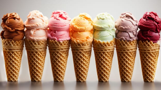 Various types of ice cream in waffle cones on a light background. Panoramic Banner.