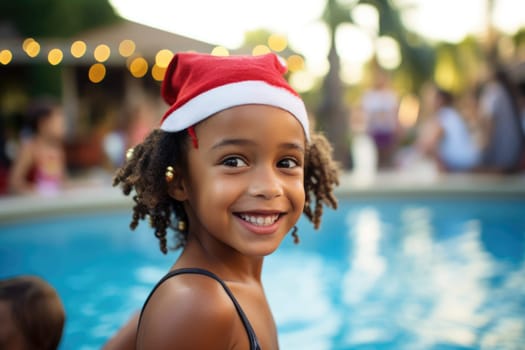 Celebrating christmas and new year in hot countries. portrait of a happy girl in santa hat celebrating christmas in pool party. AI Generated