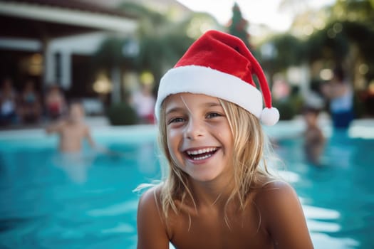 Celebrating christmas and new year in hot countries. portrait of a happy girl in santa hat celebrating christmas in pool party. AI Generated