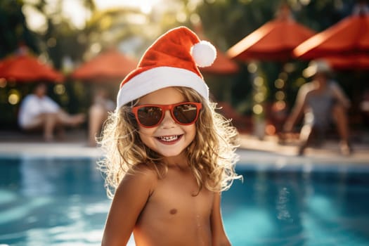 Celebrating christmas and new year in hot countries. portrait of a happy girl in santa hat celebrating christmas in pool party. AI Generated