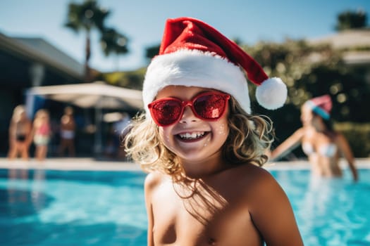 Celebrating christmas and new year in hot countries. portrait of a happy girl in santa hat celebrating christmas in pool party. AI Generated