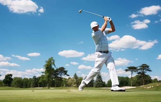 Golf player teeing off. Man hitting golf ball. High quality photo