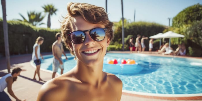 Celebrating christmas and new year in hot countries. portrait of a happy teen boy in santa hat celebrating christmas in pool party. AI Generated