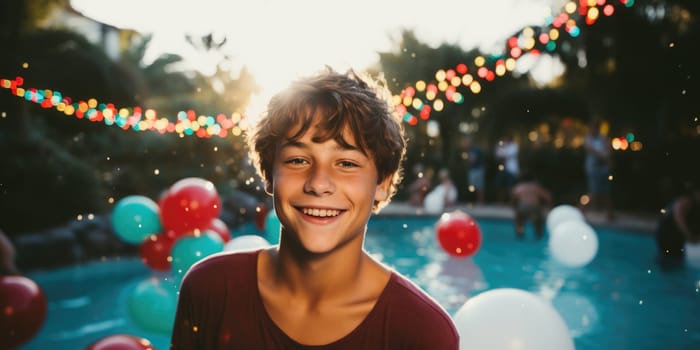 Celebrating christmas and new year in hot countries. portrait of a happy teen boy in santa hat celebrating christmas in pool party. AI Generated