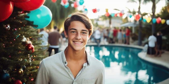 Celebrating christmas and new year in hot countries. portrait of a happy teen boy in santa hat celebrating christmas in pool party. AI Generated