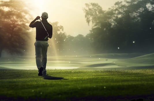 Golf player teeing off. Man hitting golf ball. High quality photo