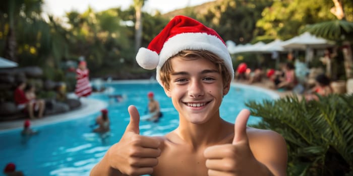 Celebrating christmas and new year in hot countries. portrait of a happy teen boy in santa hat celebrating christmas in pool party. AI Generated