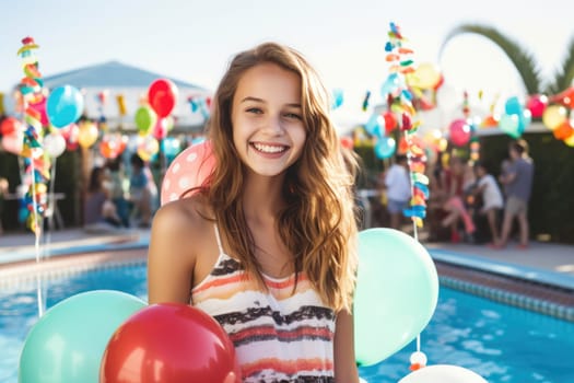 Celebrating christmas and new year in hot countries. portrait of a happy teen girl in santa hat celebrating christmas in pool party. AI Generated