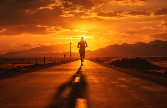 Silhouetted man running on country road over sunset . High quality photo