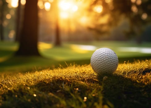 The white golf ball is positioned in a high green grass, one of the obstacles to golf. High quality photo